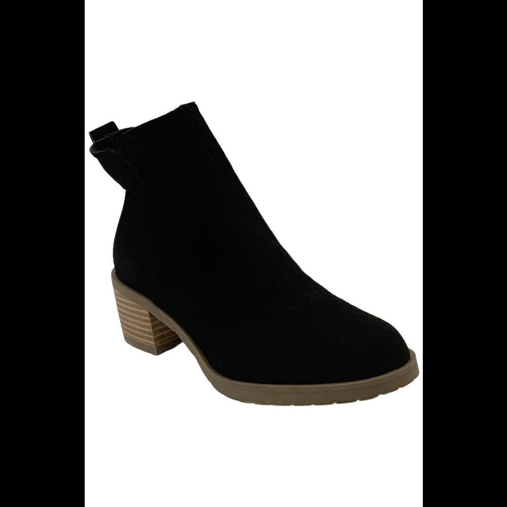 Toms Black Suede Ankle Booties with Tan Stacked Heel